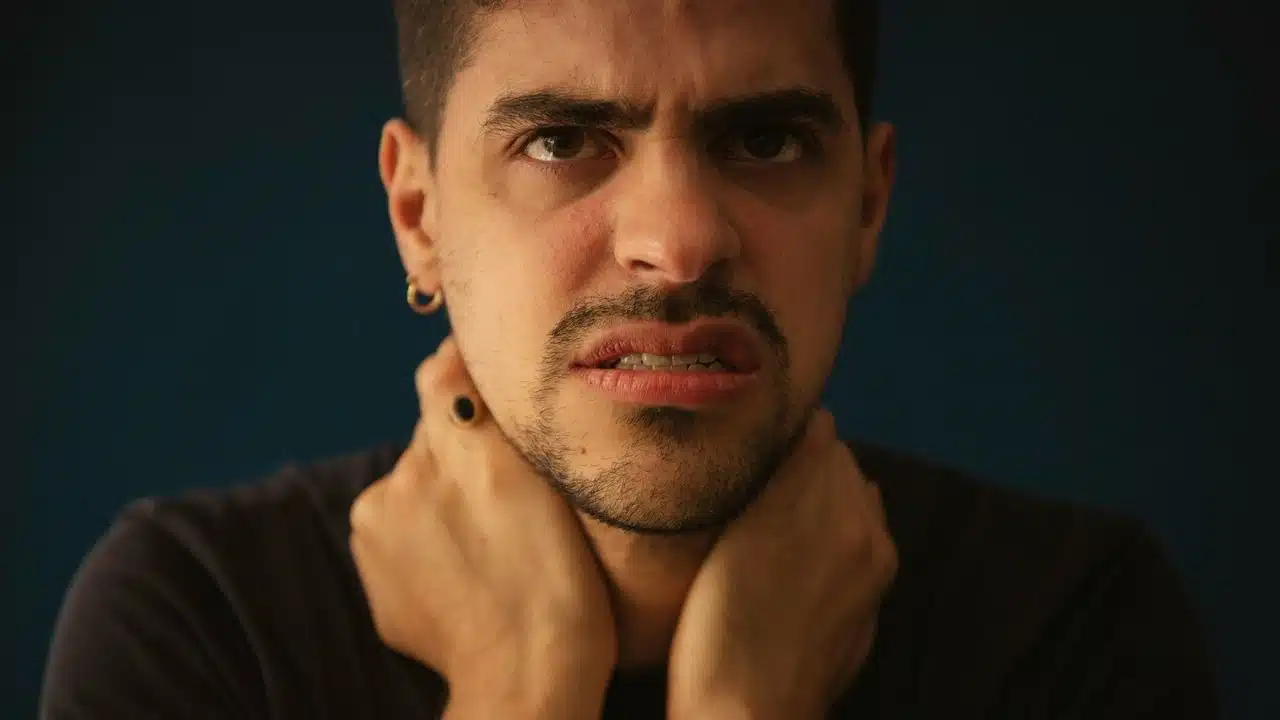 A man with a beard and earrings holds his hands to his neck with a grimace.