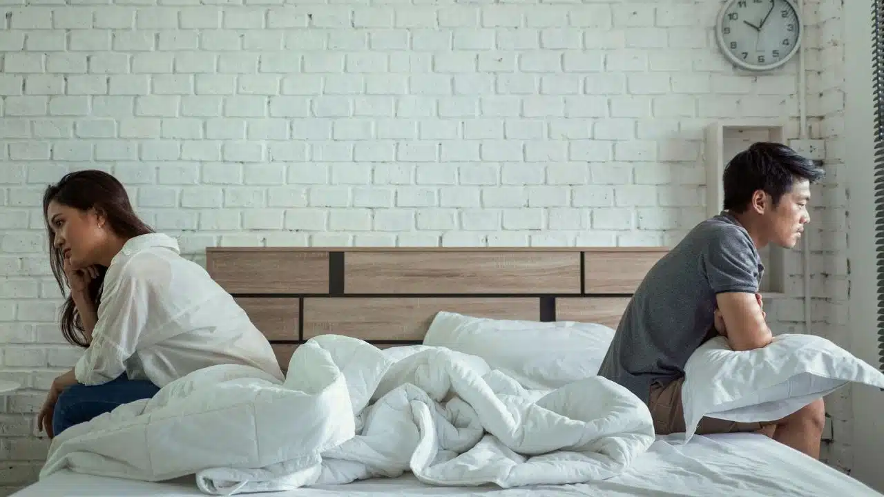 A man and woman sit on a bed facing away from each other in silence.