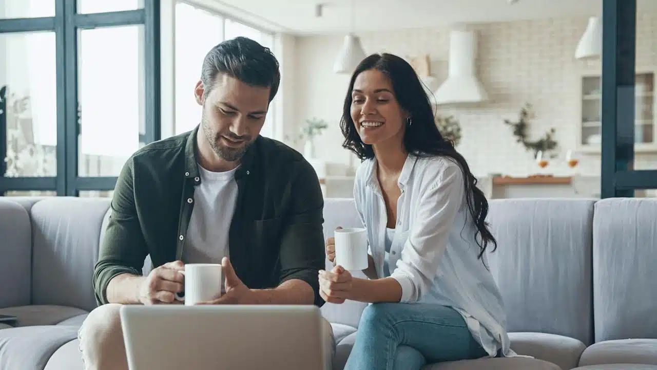A beautiful young couple drinking coffee and looking at the laptop while sitting on the sofa at home.