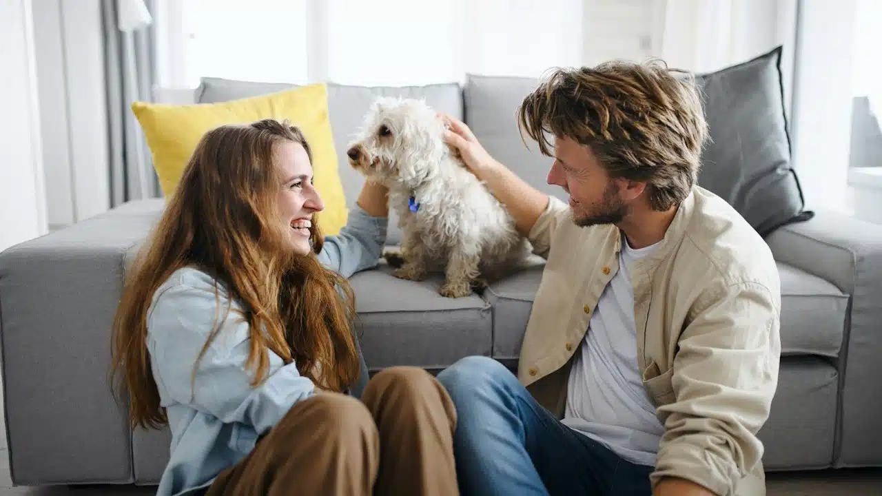 A couple playing with a dog while smiling at each other and talking