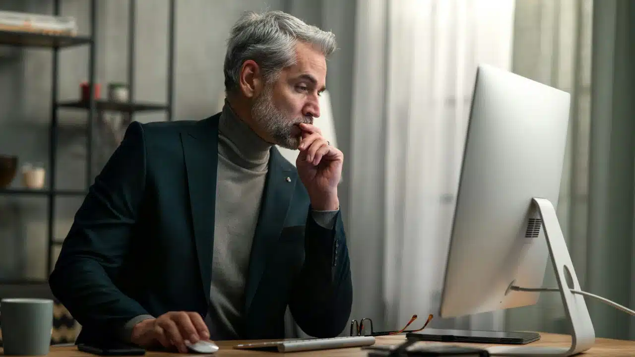 A grey-haired man in a suit looks at a computer screen with a thoughtful expression.