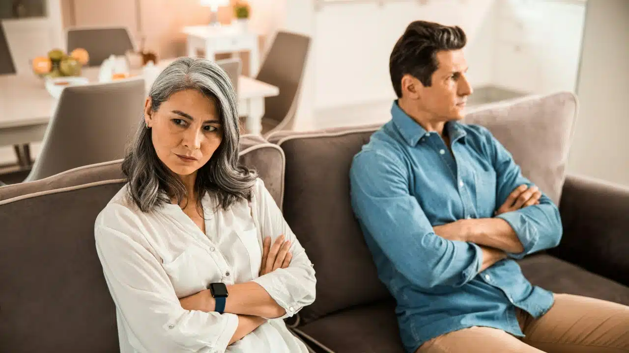 A man and woman sit on a grey sofa with their arms crossed, looking away.