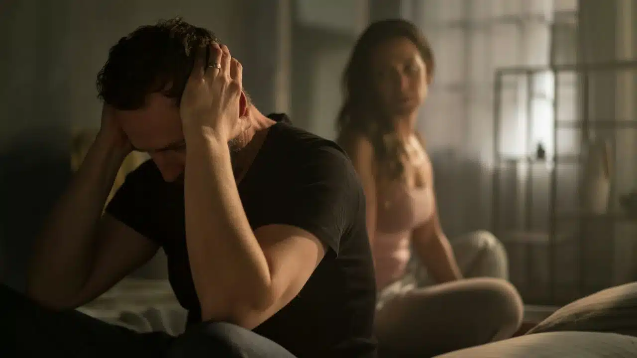 A man sits in a dimly lit room holding his head while a woman sits behind.