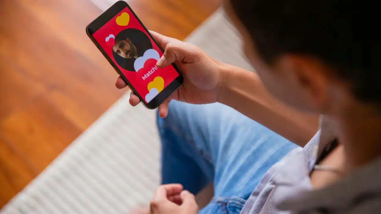 A person holds a smartphone displaying a dating app screen with a "Match!" notification.