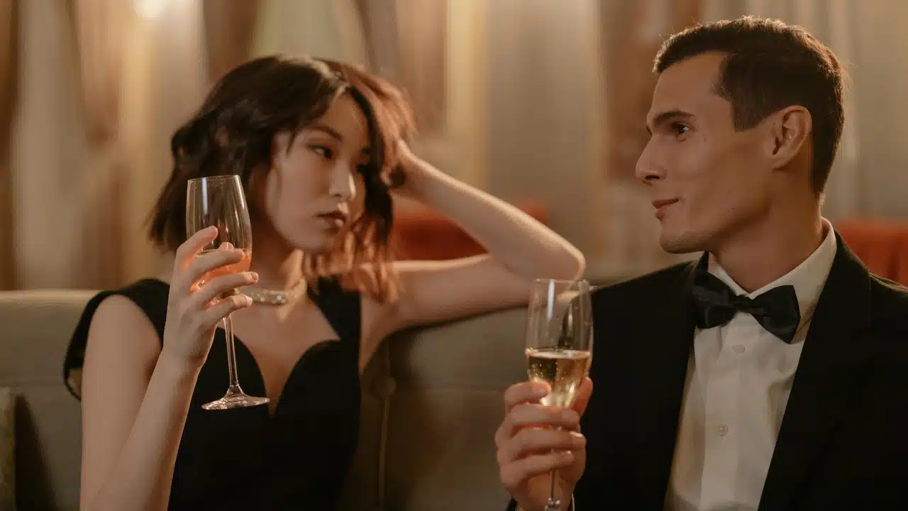 A woman in a black dress and a man in a tuxedo hold glasses of champagne.