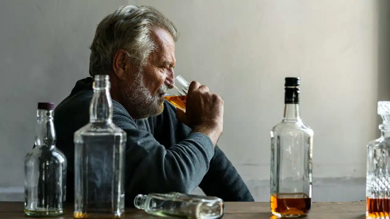An older man drinks from a glass surrounded by several glass bottles on a table.