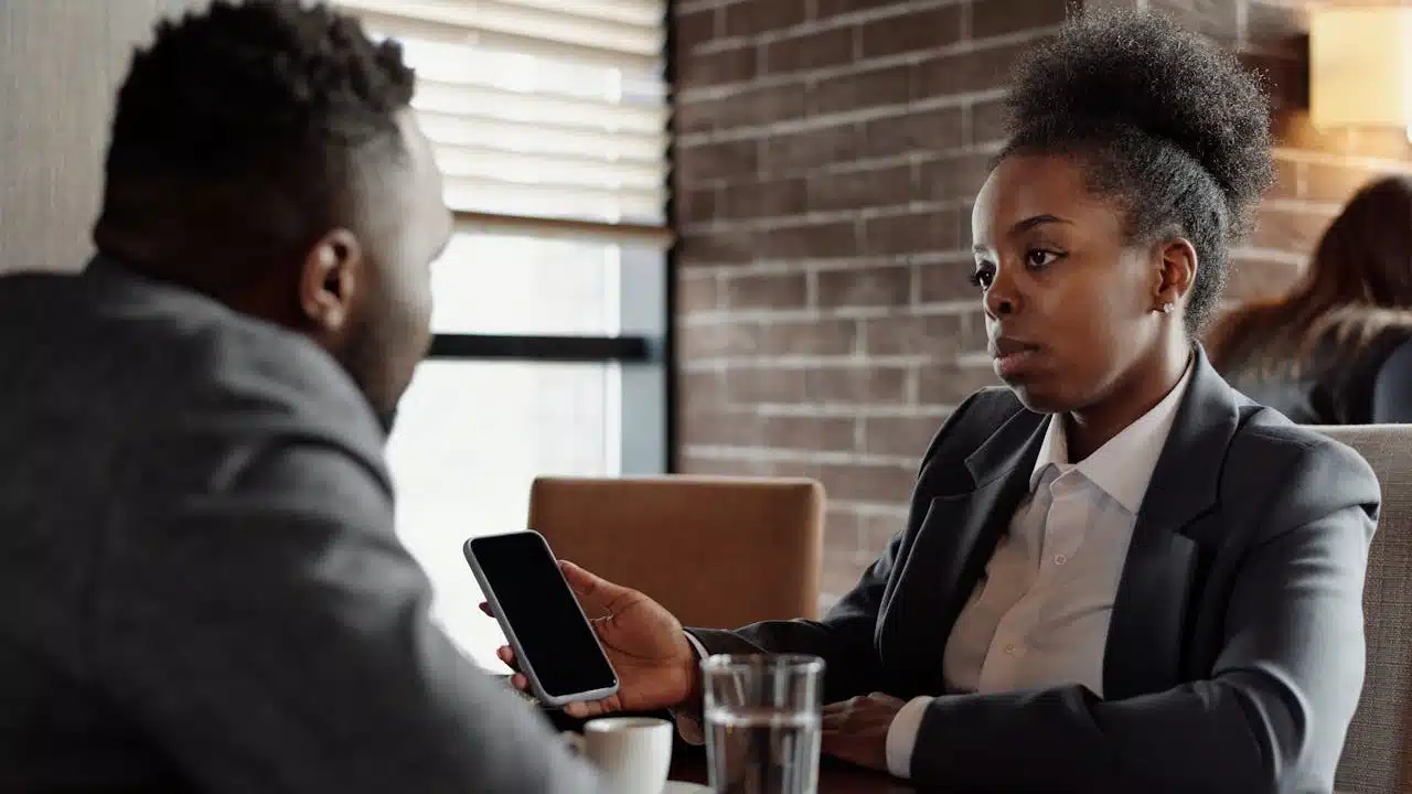 A rude showing something on her phone to her boyfriend.