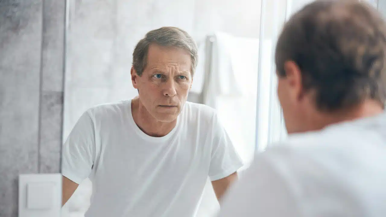 A man with a furrowed brow looks at his reflection in a bathroom mirror.
