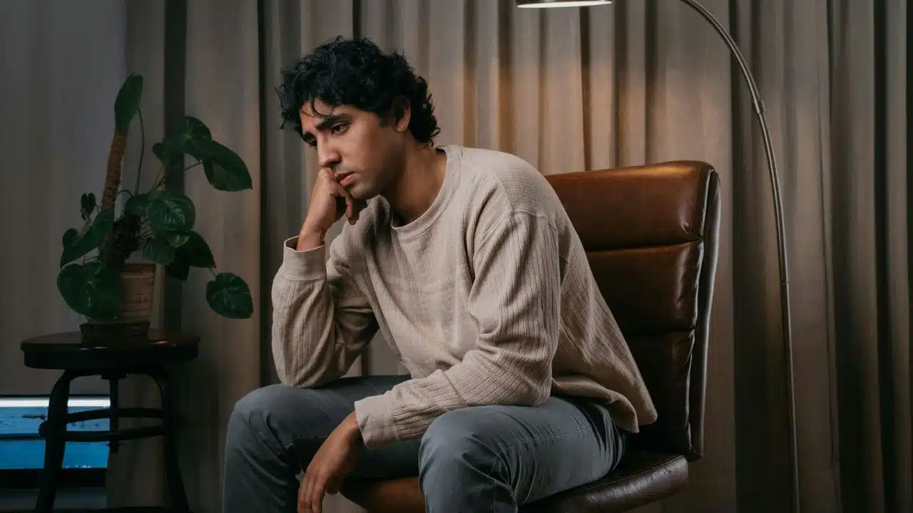 A man sits in a leather chair with his chin resting on his hand, looking downward.