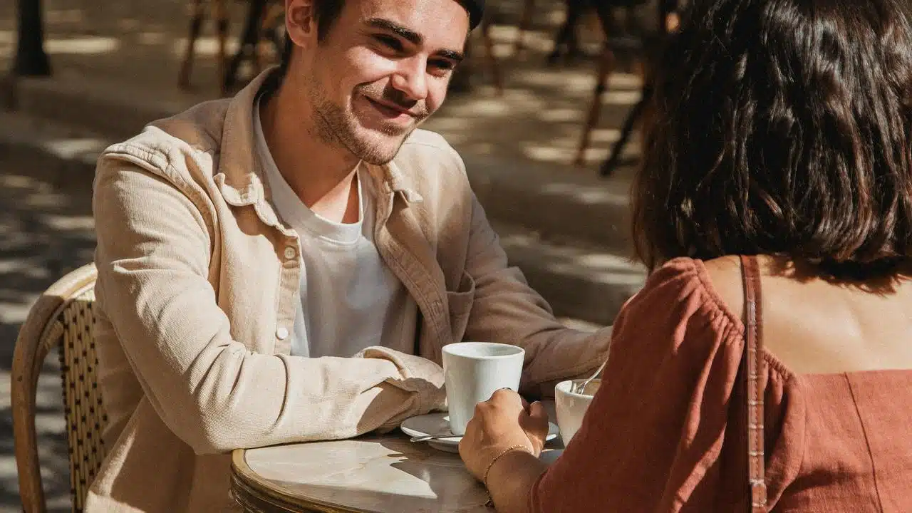 A couple sitting at an outdoor café table, smiling and talking over coffee.