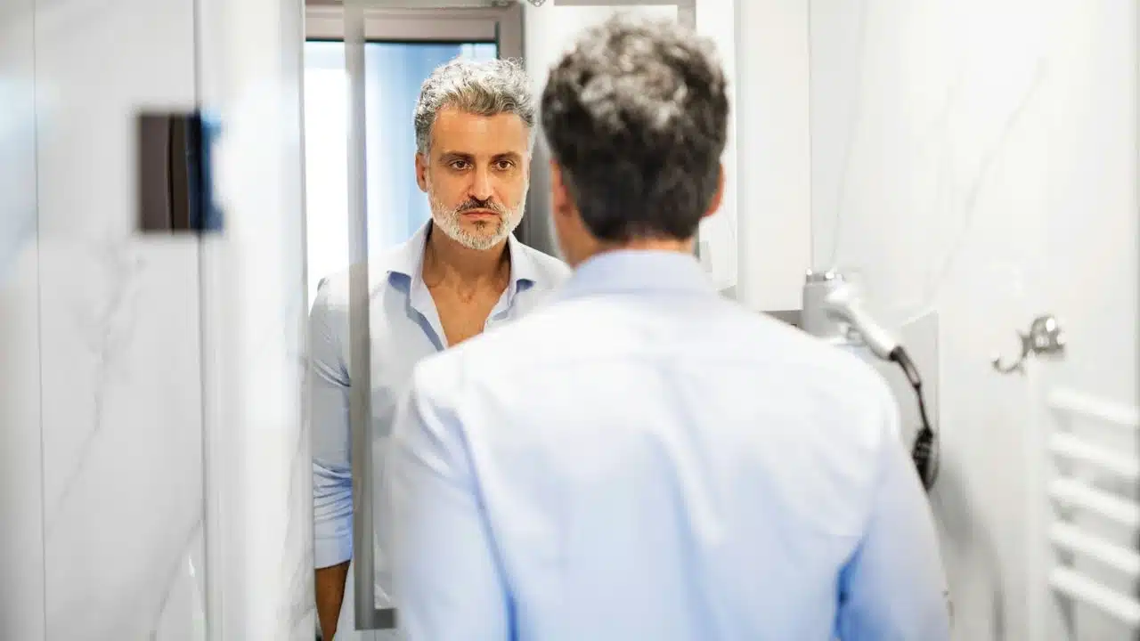 A man with grey hair and a beard looks at his reflection in a bathroom mirror.