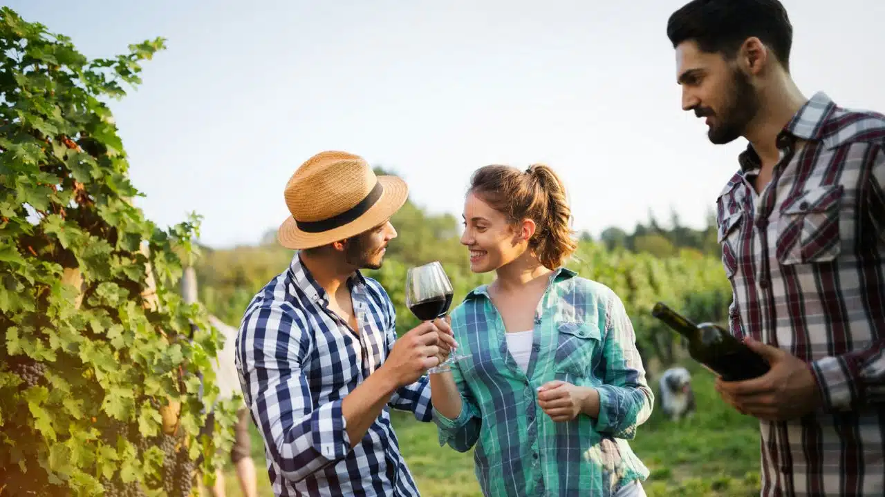 A man and woman toast wine glasses in a vineyard while another man stands nearby.
