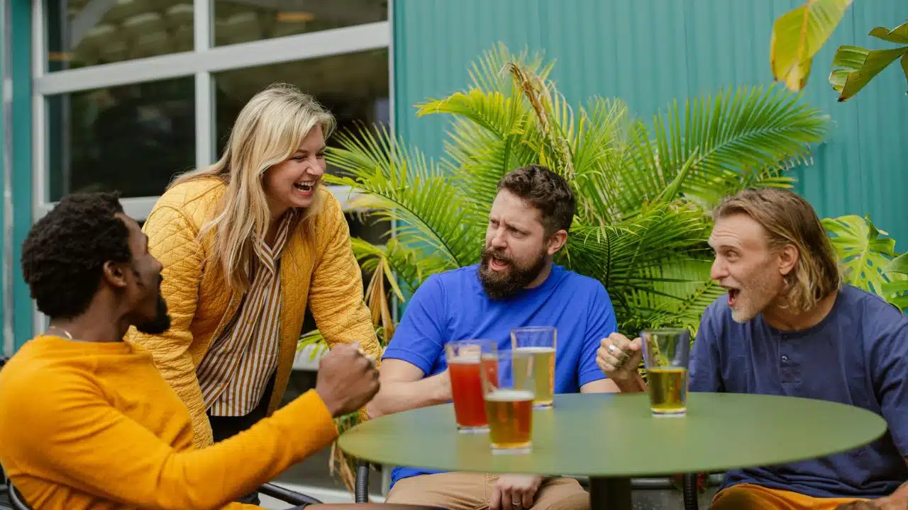 Four people sit around a table with drinks, laughing and talking in an outdoor setting.