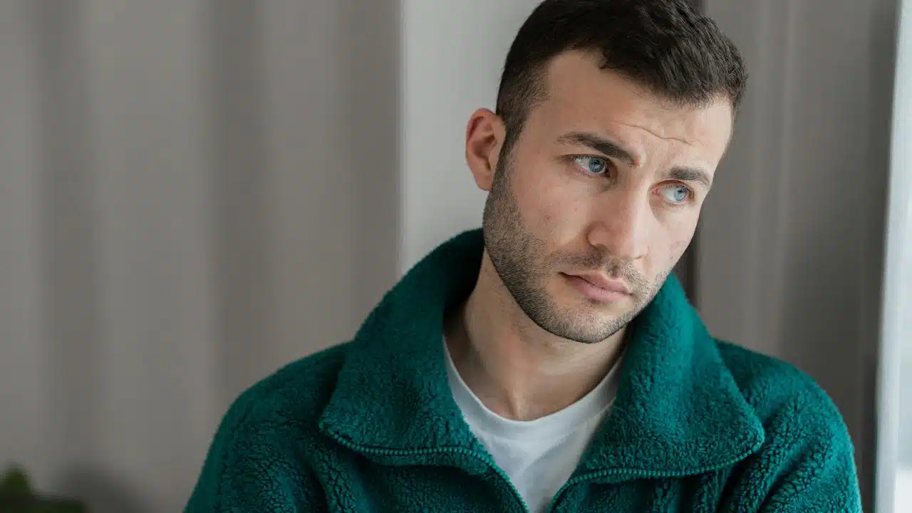 A man in a green jacket looking thoughtfully out a window.