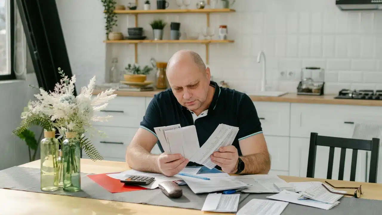 A man sits at a kitchen table surrounded by papers, holding and reviewing several documents.