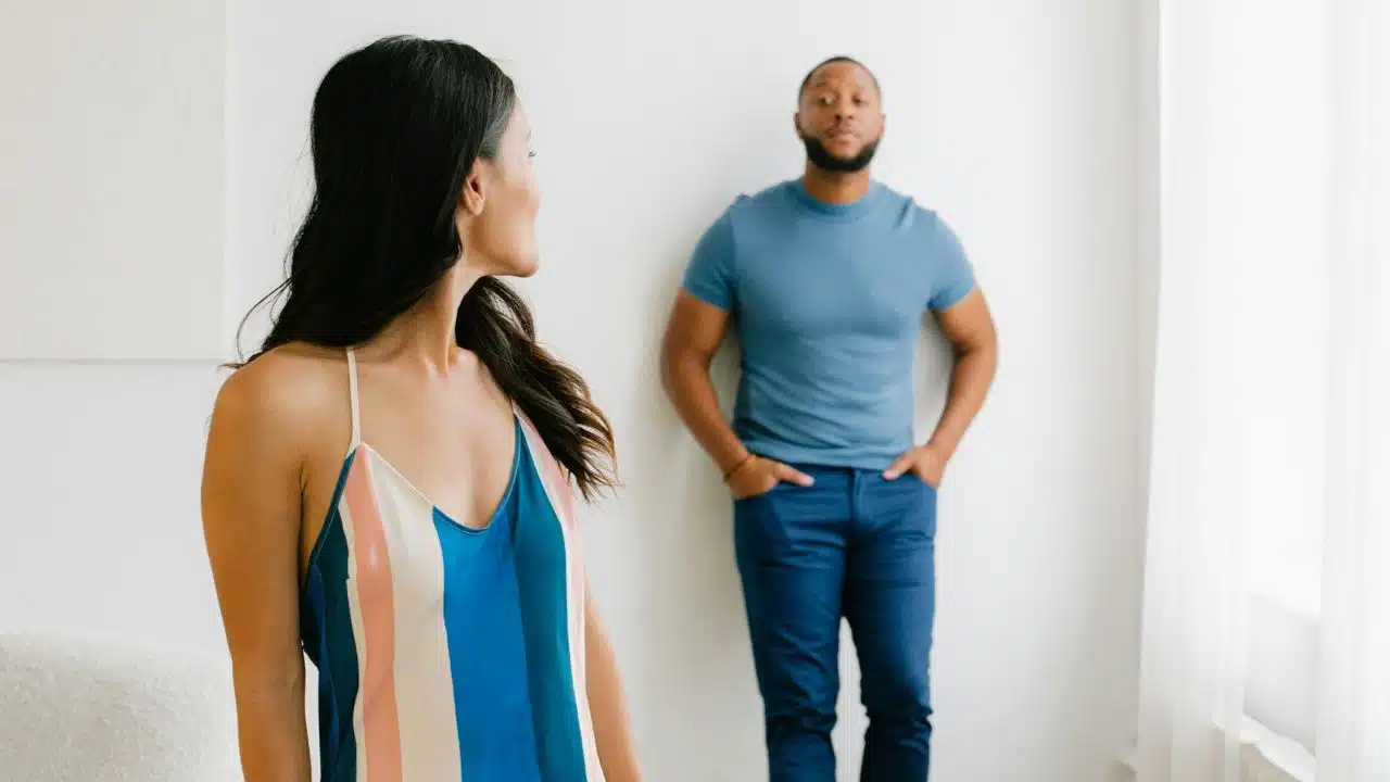 A man in a blue shirt stands against a wall looking at a woman in the foreground.