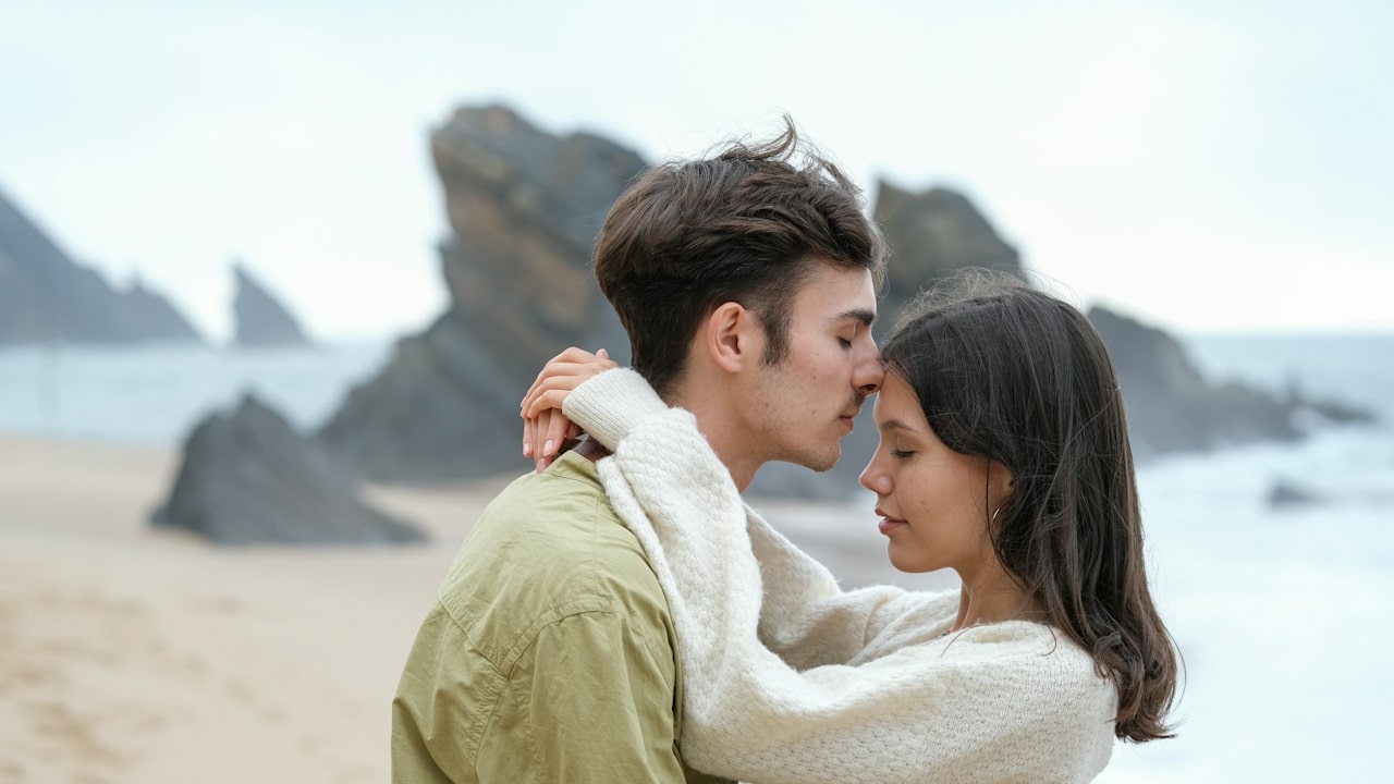 A man and a woman embracing each other near a beach.