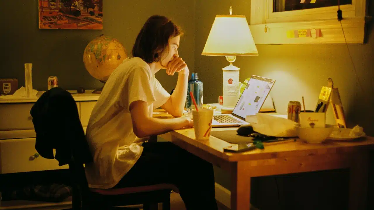 A person sits at a cluttered desk in a dimly lit room, focusing on a laptop.