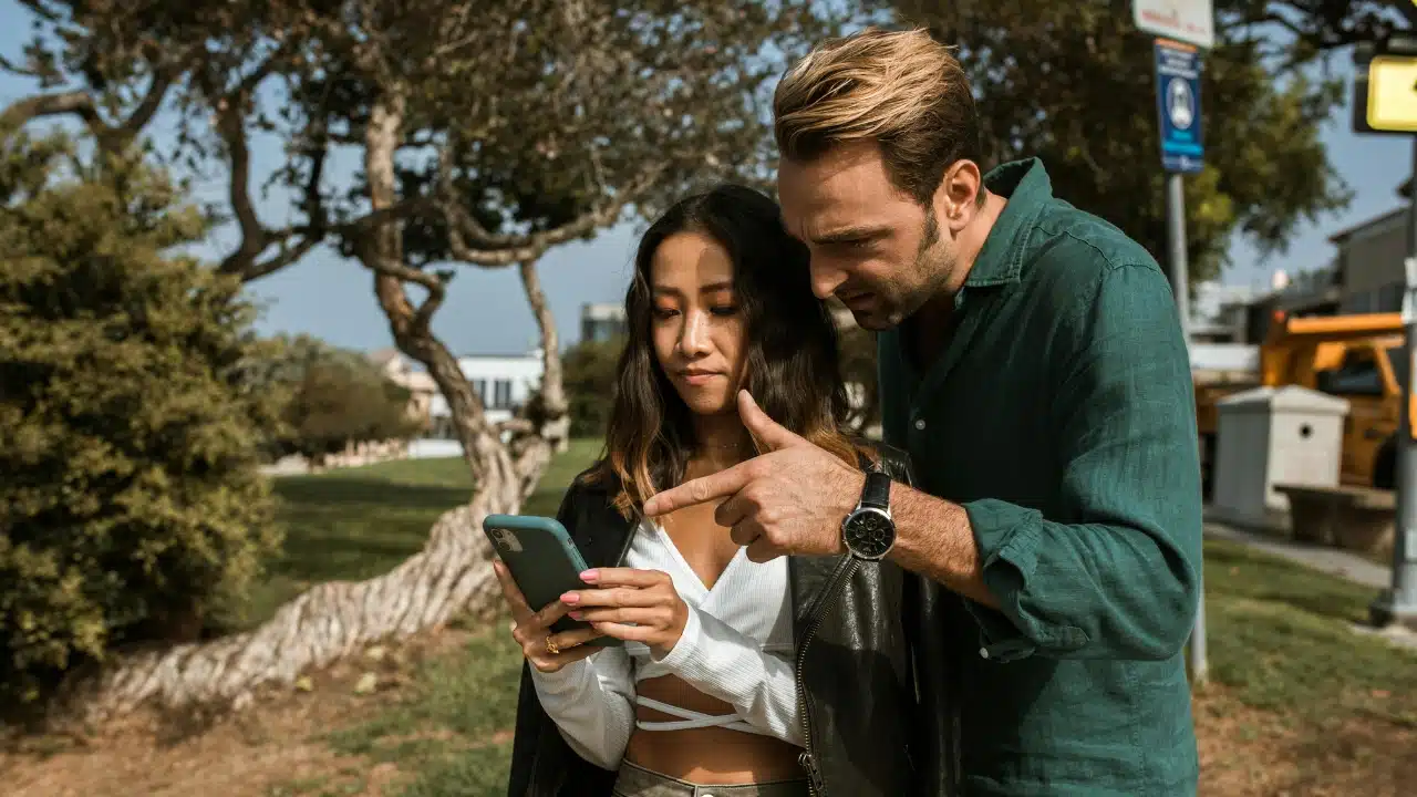 A man points at a smartphone screen held by a woman while standing outdoors near trees.