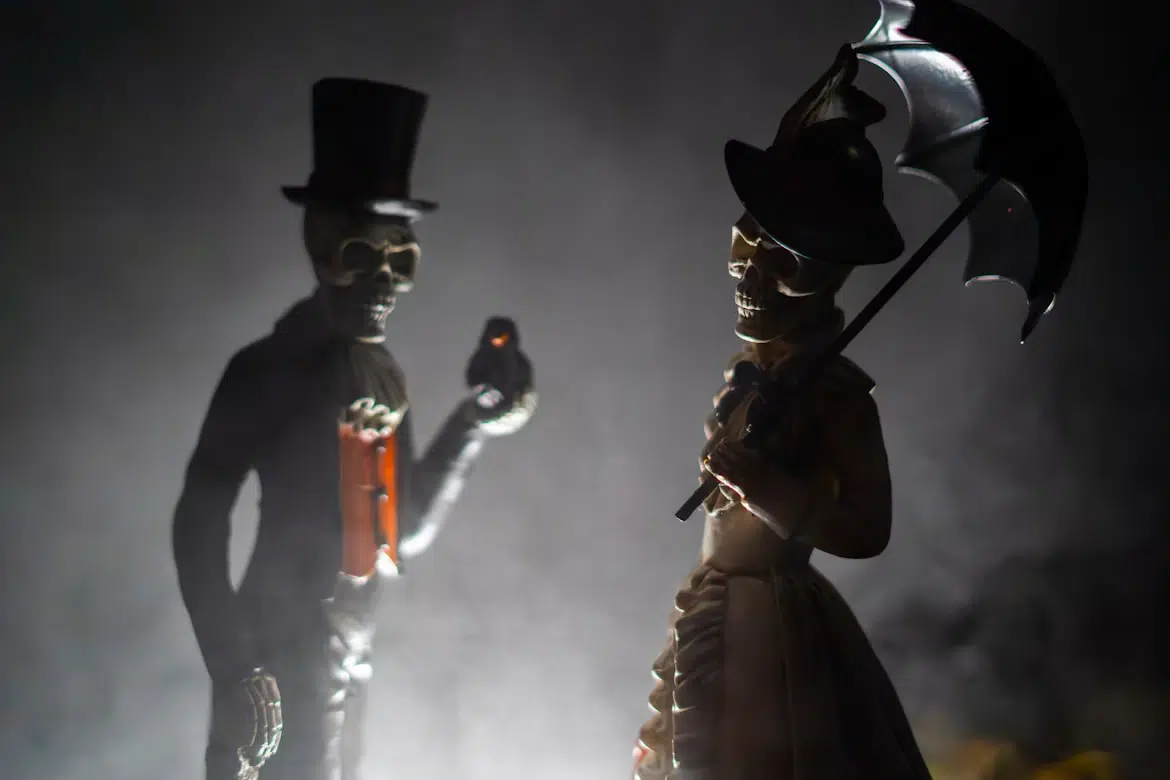 A skeleton couple in a haunted house to scare visitors.