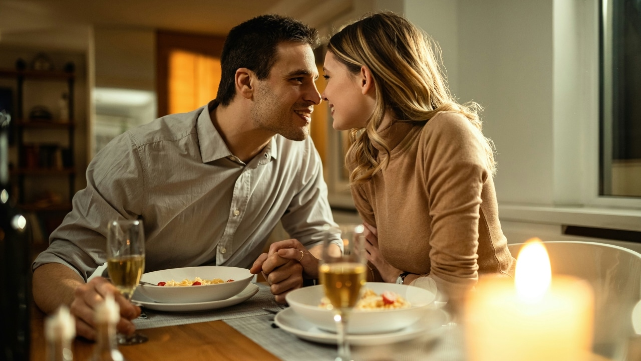 A man and woman sit at a candlelit dinner table, smiling and looking at each other.
