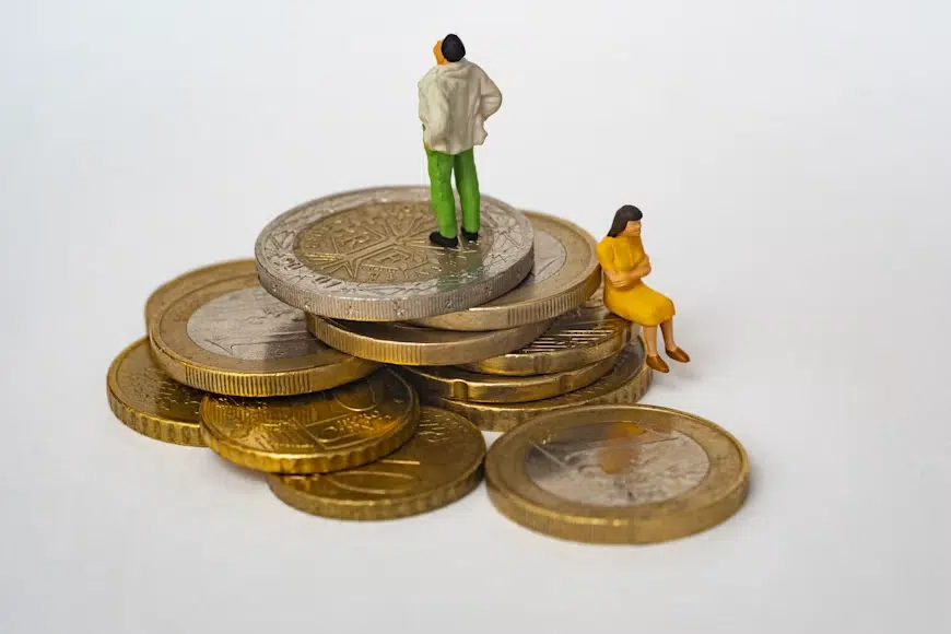 A miniature woman lost in thoughts of quitting her wealthy partner but feels stuck by comfort.
