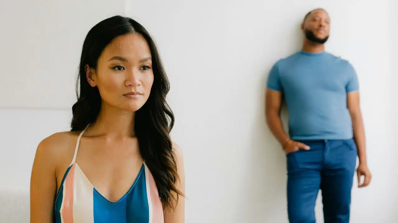 A woman looks forward solemnly while a man stands out of focus against a white wall.