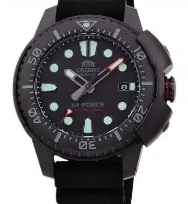 Orient M-Force watch with black dial, case and strap.