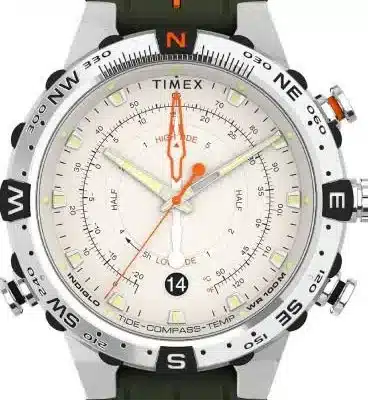 A Timex Expedition North watch with a cream face and green strap with orange accents.